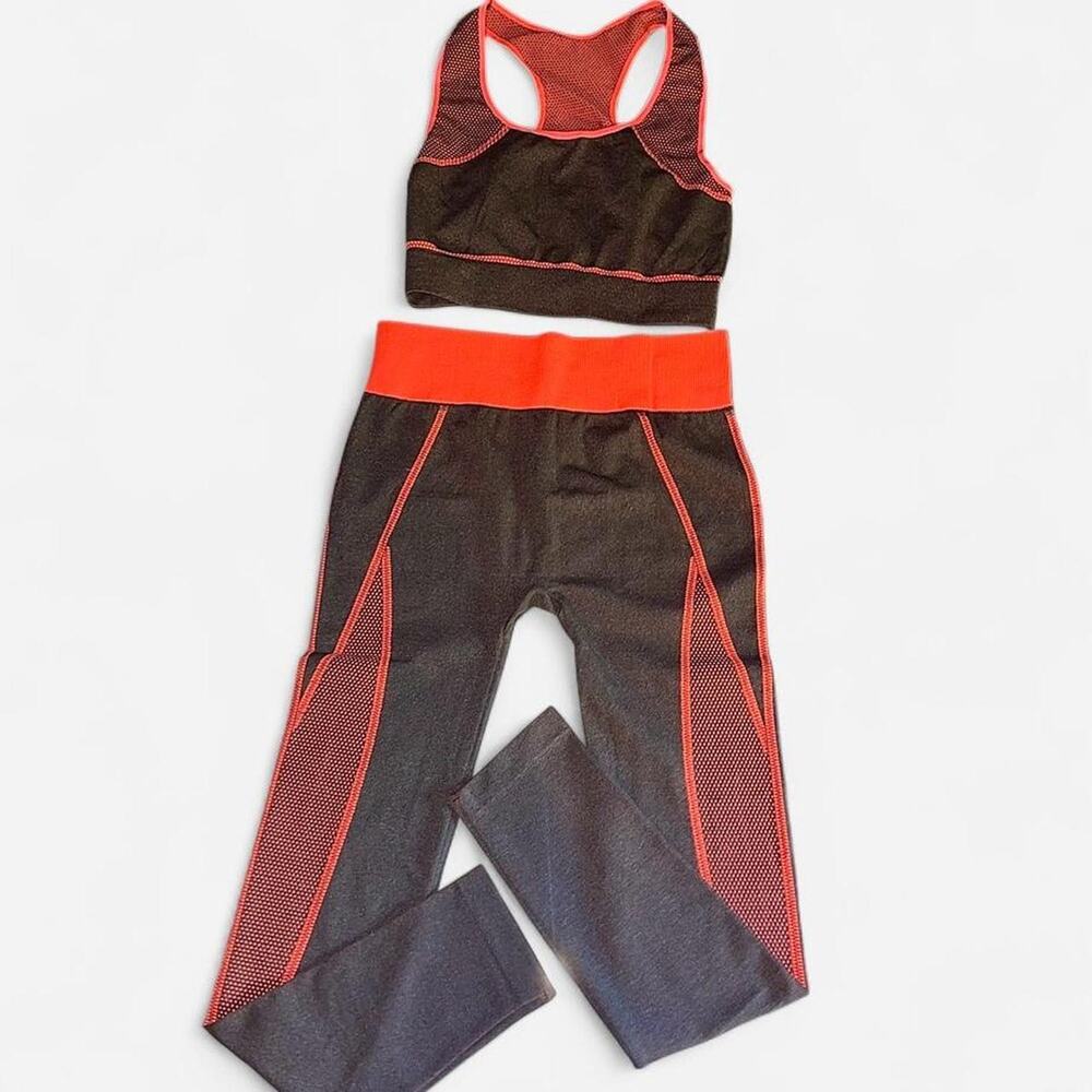 Blue Star Neon Coral Orange Charcoal Leggings Sports Bra Set - Size L/XL